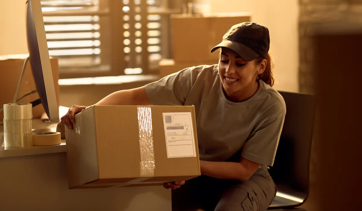 happy-delivery-woman-preparing-cardboard-boxes-banner
